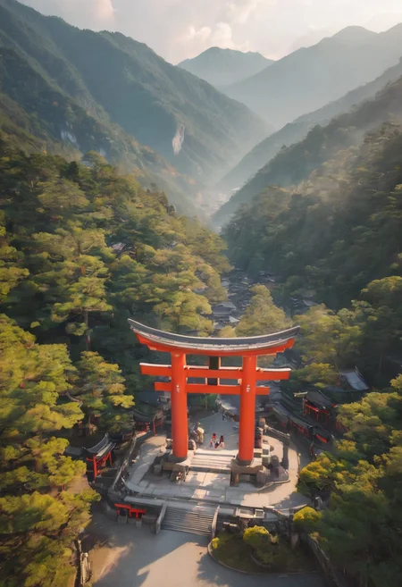 Beautiful scenery from the sky, a shrine in the mountains, vermilion torii gates lining the approach to the shrine,
beautiful view, depth of field, masterpiece, best quality, 8k, ultra-detailed, very aesthetic, superb composition, finest details, intricate details, absurdres, high contrast, ray tracing, Volumetric lighting