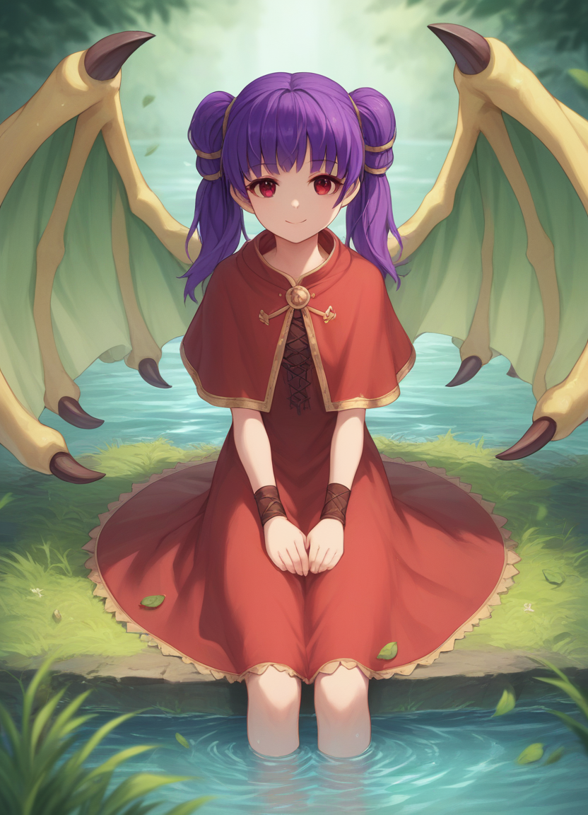 source_anime, score_9, score_8_up, score_7_up, score_6_up, score_5_up, score_4_up, 
1girl, solo, long hair, looking at viewer, smile, red eyes, dress, twintails, sitting, closed mouth, purple hair, wings, water, capelet, leaf, grass, wristband, soaking feet, dragon wings, multi-tied hair,
<lora:myrrhXL:1>