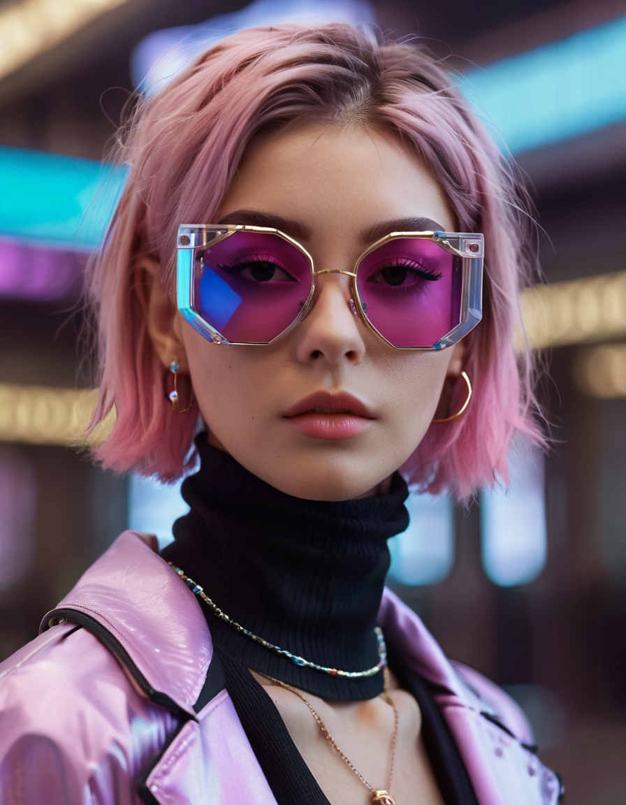 1girl, jewelry, parted lips, realistic, sunglasses, pink hair, digital media \(artwork\), short hair, portrait, nose, looking at viewer, turtleneck, futuristic glasses, gorgeous, detailed background, depicted, intricate, elegant, highly enhanced, sharp focus, color, winning, perfect, colorful, beautiful, innocent, open, transparent, artistic
 <lora:FuturisticGlassesXL:.6>, , <lora:FILM_PHOTOGRAPHY_STYLE:0.25>