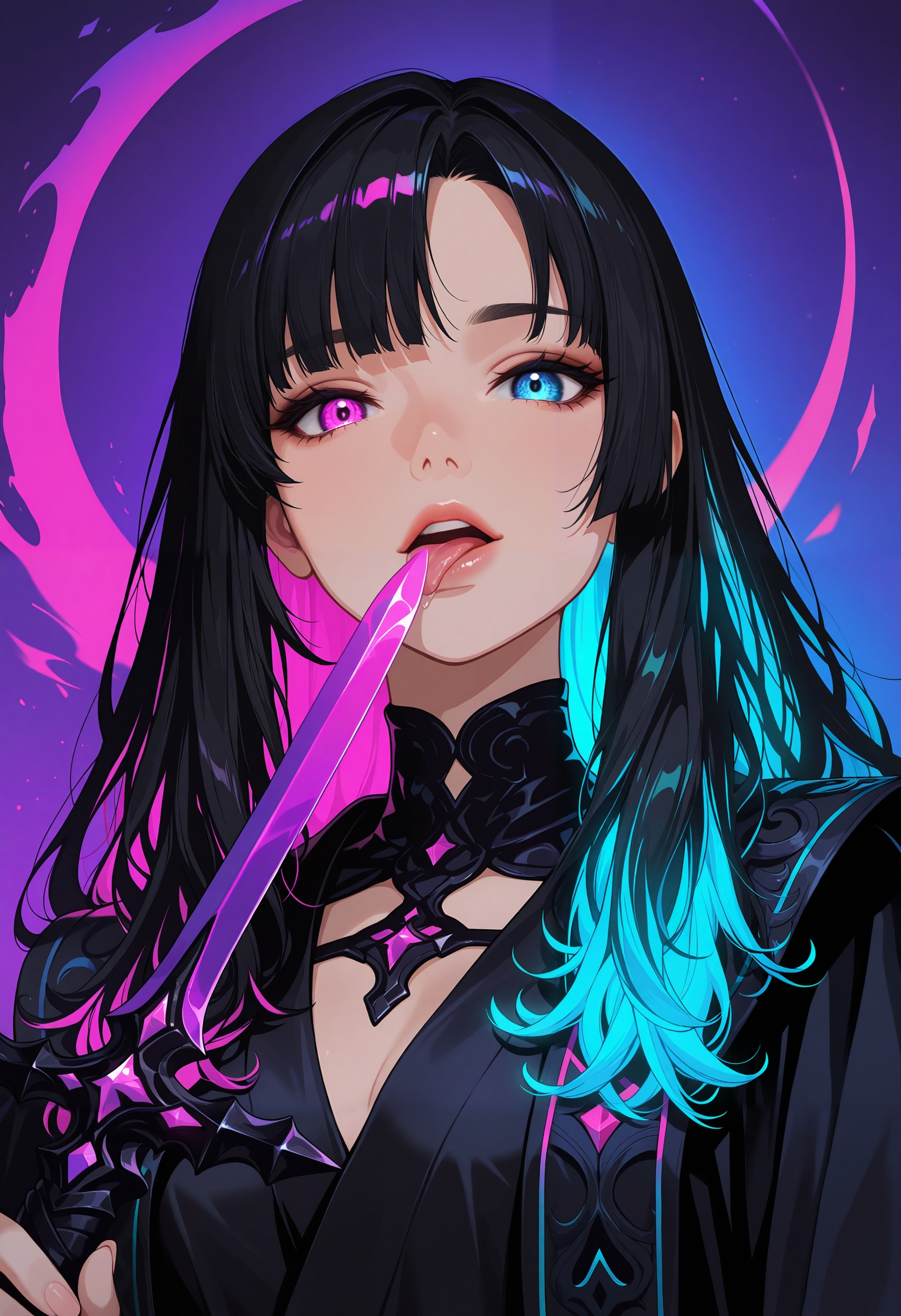 masterpiece, best quality, good quality, very aesthetic, absurdres, newest, 8K, depth of field, focused subject,  low angle, from below, portrait,
close up, 1girl, solo, robe, glowing hair, side bangs, asymmetrical bangs, long hair, black hair tips, looking at the viewer, heterochromia eyes, neon color palette, holding and licking a neon dark rune sword, upper body, dynamic lighting, shadows, silhouette, dynamic angle,