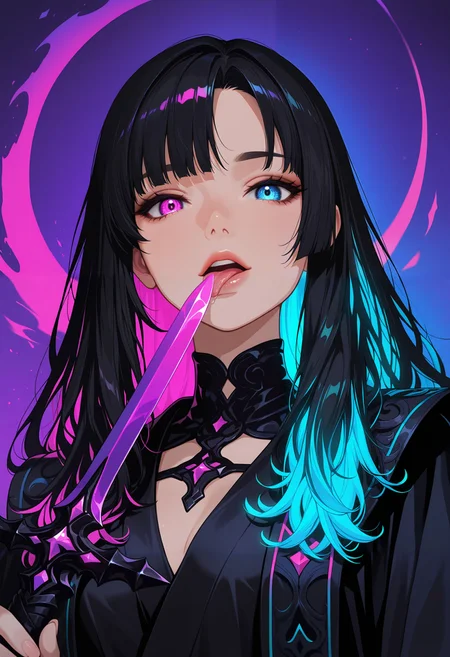 masterpiece, best quality, good quality, very aesthetic, absurdres, newest, 8K, depth of field, focused subject,  low angle, from below, portrait,
close up, 1girl, solo, robe, glowing hair, side bangs, asymmetrical bangs, long hair, black hair tips, looking at the viewer, heterochromia eyes, neon color palette, holding and licking a neon dark rune sword, upper body, dynamic lighting, shadows, silhouette, dynamic angle,