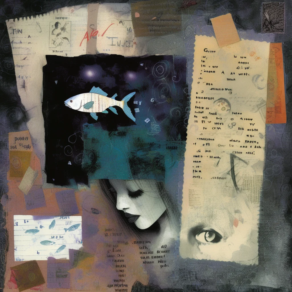 astrstica fish that went to Venus planet to meet a girl, dark atmosphere, fragments of a wall and pieces of letters, collage<lora:astrstica:0.8>