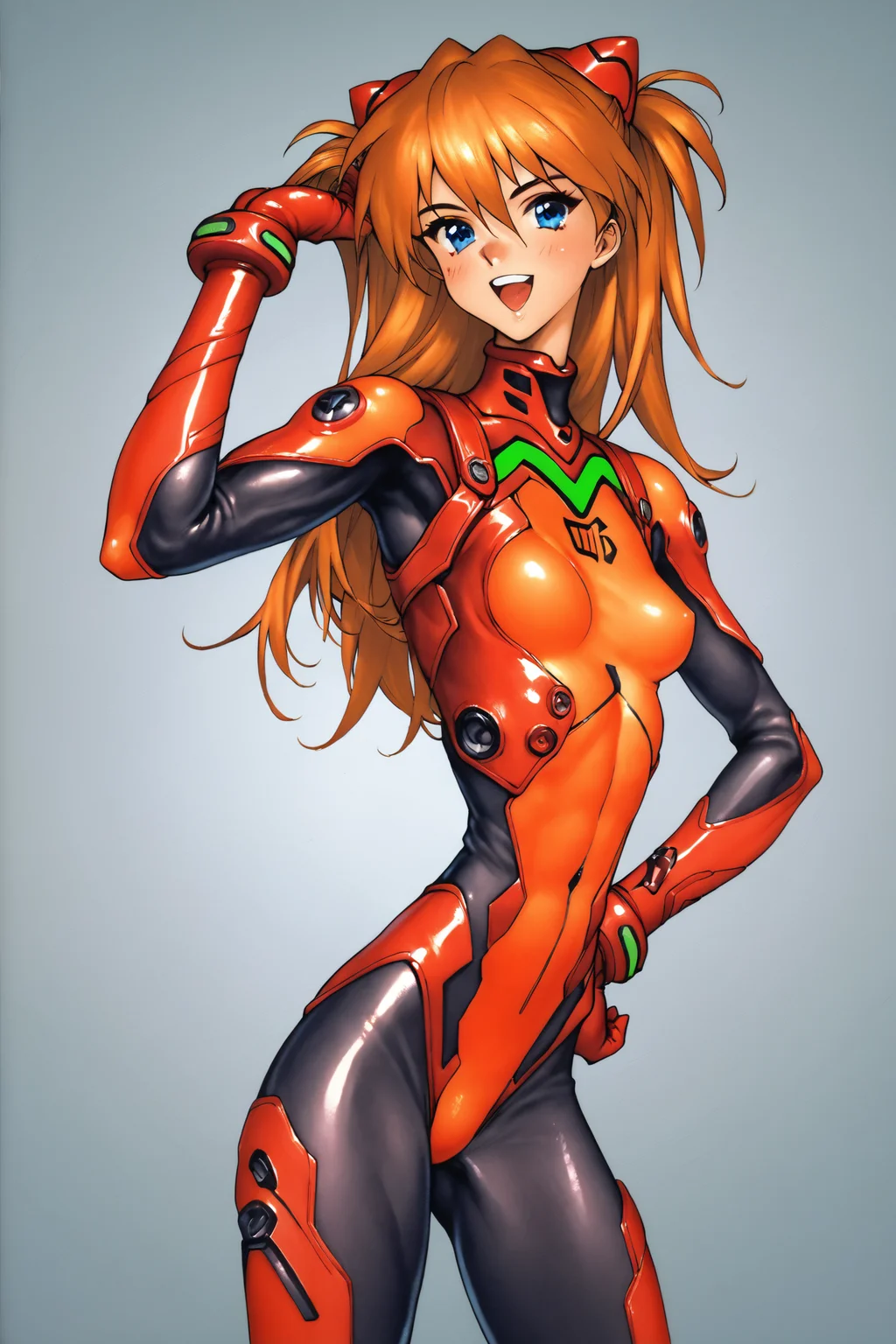 score_9,score_8_up,score_7_up,masterpiece,best quality,
1girl,long hair,plugsuit,bodysuit,souryuu asuka langley,pilot suit,bracer,blue eyes,smile,open mouth,breasts,bangs,turtleneck,solo,cowboy shot,:d,hair between eyes,gloves,red bodysuit,small breasts,looking at viewer,headgear,two side up,hand on hip,skinny,adjusting hair,narrow waist,standing,orange hair,science fiction,hand up,shiny clothes,hair ornament,happy,from side,shiny,skin tight,traditional media,
<lora:Masamune Shirow_XL_PONY:0.9>,