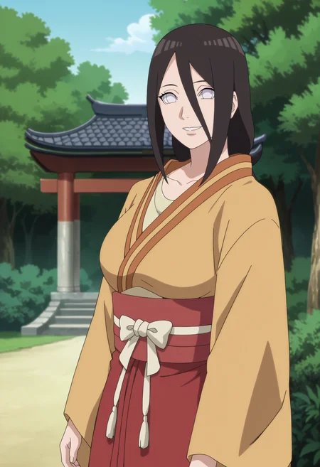 score_9, score_8_up, score_7_up, source_anime,anime screencap,anime coloring,intricate details,masterpiece,
uncensored,
mature female,
hanabi, black hair, 1girl, long hair, hair between eyes, white eyes,no pupils,large breasts,teeth,
japanese clothes, kimono,long sleeves,
upper body,
smile,looking at viewer,
perfect anatomy,
scenery,outdoors, east asian architecture, forest,
<lora:Hanabi_by_Nyx:0.9>