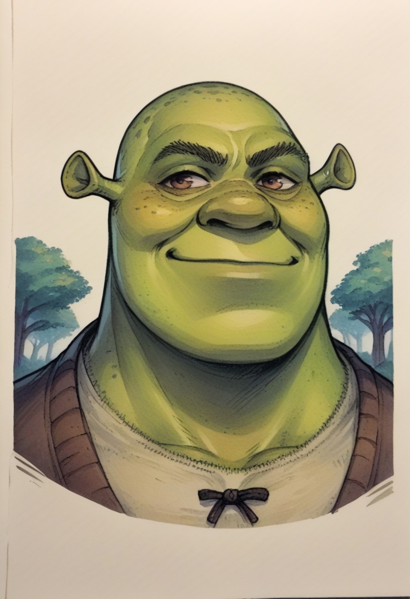 score_9, score_8_up,score_7_up, source_ anime, traditional art, simple background,  <lora:Shrek_XLPD:0.8> shrek, green skin, walking trees, wide smile,
<lora:ER-CON_traditional_art_v4_MD:-4>