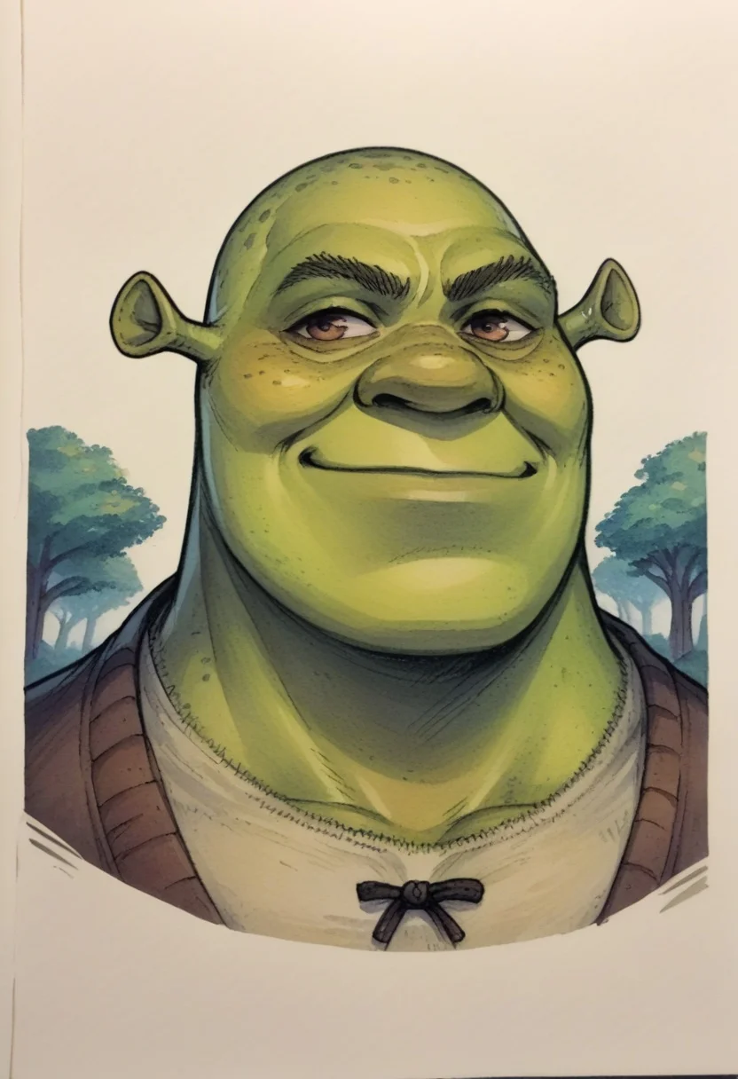 score_9, score_8_up,score_7_up, source_ anime, traditional art, simple background, <lora:Shrek_XLPD:0.8> shrek, green skin, walking trees, wide smile,
<lora:ER-CON_traditional_art_v4_MD:-4>