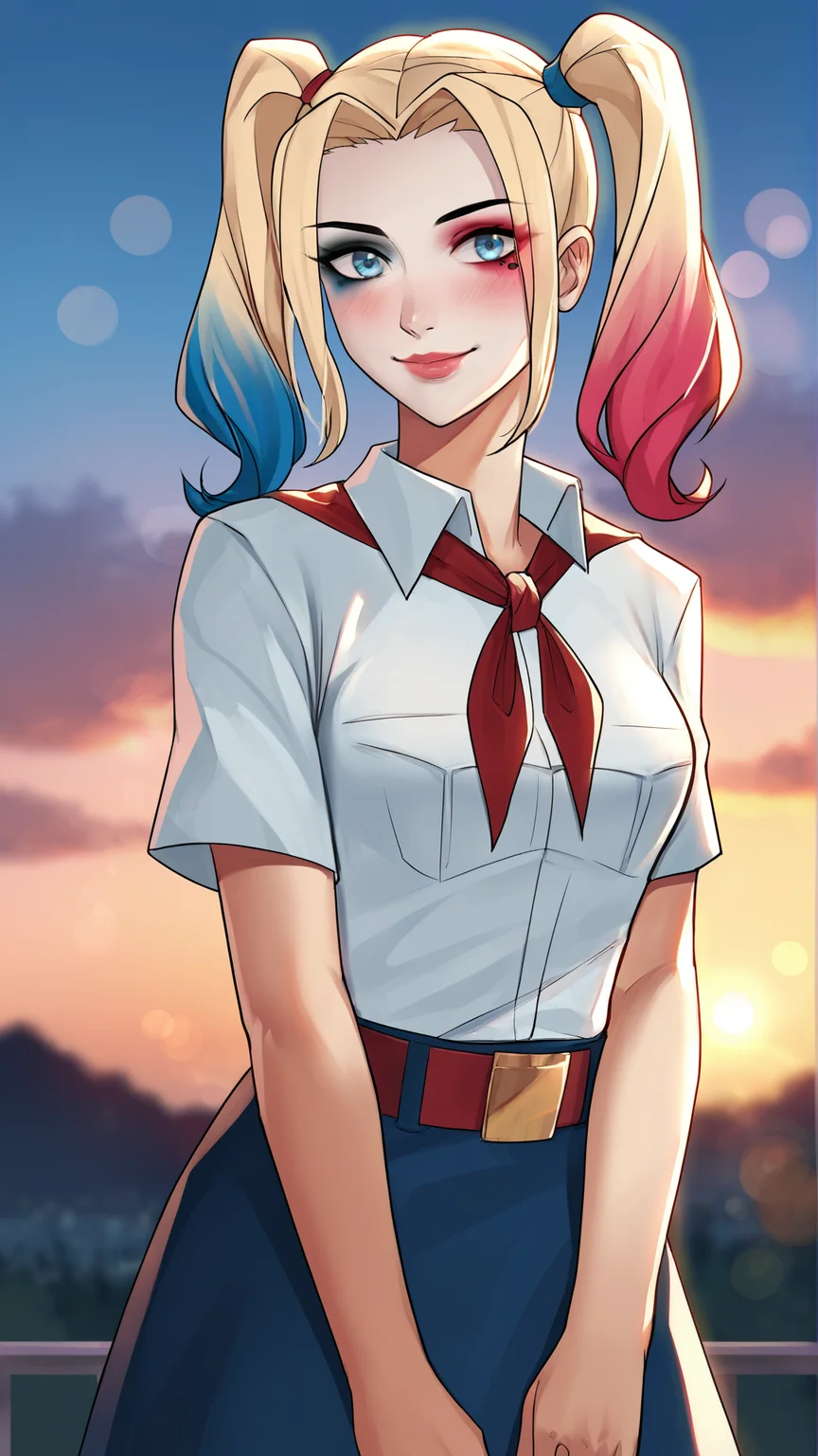 score_9, score_8_up, score_7_up,
best quality, masterpiece, ultra detailed,
looking at the viewer, looking at the camera,
portrait,
light smile, blush,
source_dc, harley quinn,
black eyeliner cat eye,
pink lips,
white collared shirt, short sleeves, red neckerchief, neckerchief, belt, blue skirt,
sunset, warm light, cozy, sky, clouds,
amazing background, outdoors,
bokeh, blurry, blurry background,
<lora:Everlasting_Summer_Vanilla_Art_Style_by_GraffMetal:1>,