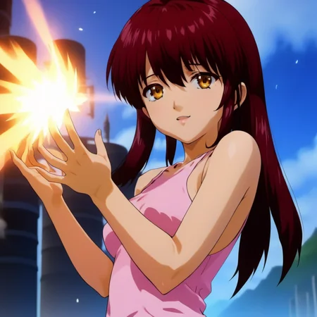 Ultra-realistic extremely detailed 8k masterpiece of a sexy woman using shooting ki blast from her palm, ki blast, extremely detailed eyes and facial features, dramatic epic lighting, awesome composition<lora:ki blast:0.7> <lora:sakura wars anime style:0.8> sakura wars anime style