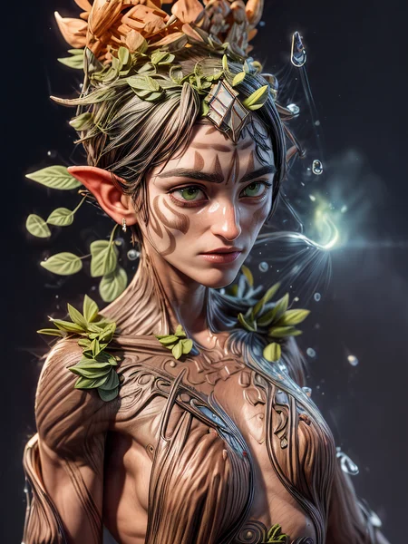 long shot scenic professional photograph of (1girl,(ornate fantasy marked skin:1.6)), (ornate:1.3) epic breasts, (ornately engraved embossed:1.4) (polished:0.4) (wooden skin:1.2),( sprouting leaves, small twigs:0.3), dewy skin, sweaty skin, (nice floral hair:0.6), extravagant, (Spriggan druid priestess:1.1), full body, light green eyes, pink lips,  water magic, action pose<lora:xl_yamer_style-2.0:1> <lora:theTalosProject_v11:1> <lora:babes_20:0.8> <lora:add_detail:2> <lora:SDS_Particle_Flow:0.2> SDS_Particle_Flow <lora:tranzp-sdxl:0.8> tranzp  <lora:age_slider_v2:2> <lora:breastsizeslideroffset:-0.8>  <lora:watce-sdxl:0.6> watce <lora:Spriggan:1>, druids grove,  <lora:Loraeyes_V1:0.3> loraeyes, RAW candid cinema, 16mm, color graded portra 400 film, remarkable color, ultra realistic, textured skin, remarkable detailed pupils, realistic dull skin noise, visible skin detail, skin fuzz, dry skin, shot with cinematic camera, perfect viewpoint, highly detailed, wide-angle lens, hyper realistic, with dramatic sky, polarizing filter, natural lighting, vivid colors, everything in sharp focus, HDR, UHD, 64K