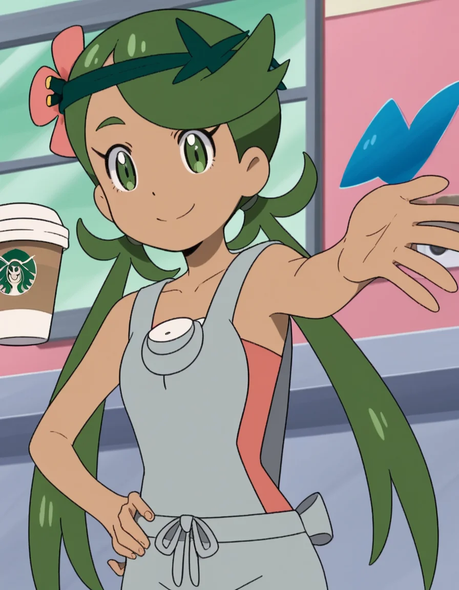 score_9, score_8_up, score_7_up, source_anime, <lora:pokemon-mallow-anime-ponyxl-lora-nochekaiser:1>, mallow, long hair, bangs, hair ornament, twintails, green eyes, flower, green hair, hair flower, dark skin, dark-skinned female, swept bangs, mallow (pokemon), collarbone, sleeveless, pink shirt, overalls,, cafe, coffee cup, barista, sitting down, talking, relaxing, sunlight through window, smile, , knee bent, hand on hip, arm outstretched, solo,, cowboy shot, dutch angle