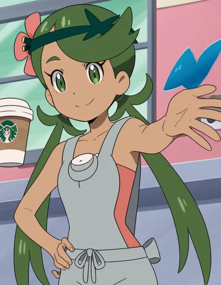 score_9, score_8_up, score_7_up, source_anime, <lora:pokemon-mallow-anime-ponyxl-lora-nochekaiser:1>, mallow, long hair, bangs, hair ornament, twintails, green eyes, flower, green hair, hair flower, dark skin, dark-skinned female, swept bangs, mallow (pokemon), collarbone, sleeveless, pink shirt, overalls,, cafe, coffee cup, barista, sitting down, talking, relaxing, sunlight through window, smile, , knee bent, hand on hip, arm outstretched, solo,, cowboy shot, dutch angle