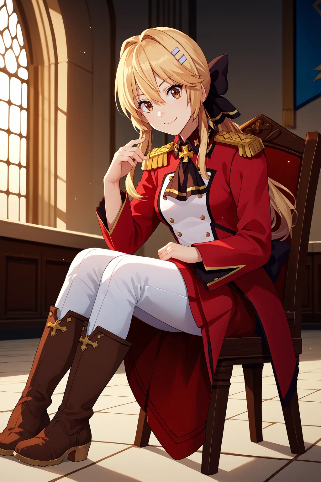 score_9, score_8_up, score_7_up, score_6_up, source_anime, 1girl, solo, <lora:lisciaelfrieden-pdxl-nvwls-v1-000005:1> liscia, blonde hair, low ponytail, brown eyes, hairclip, hair bow, black ascot, red coat, epaulettes, long sleeves, military uniform, red skirt, white pants, brown boots, sitting, chair, indoors, mansion, looking at you, full body, smile, breasts