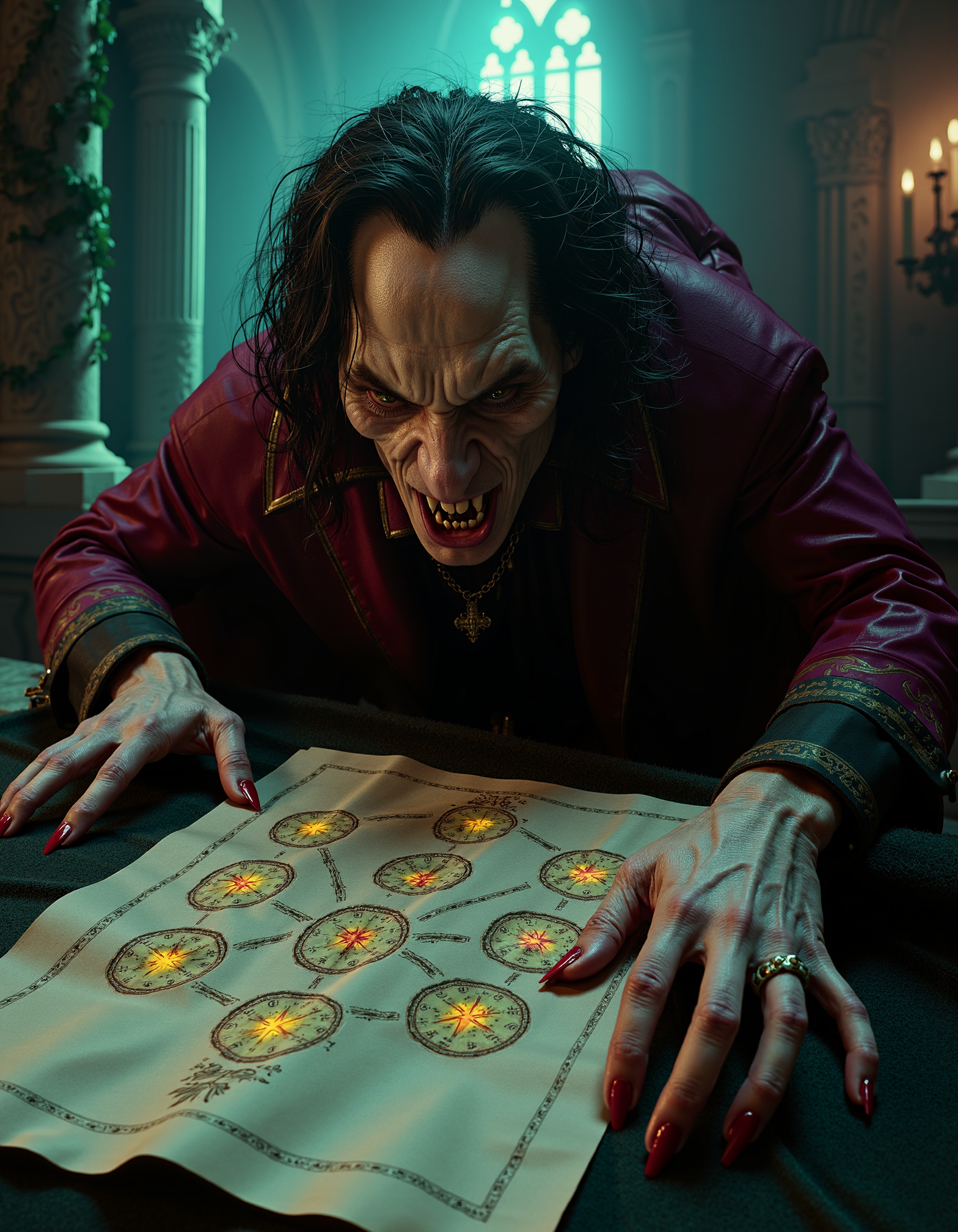 zavy-vmpr, Overhead close-up shot, a feral vampire with wild tangled hair and sharp, elongated canines, hunched over as he feasts on an ancient scroll glowing with arcane symbols, a dimly lit crypt adorned with gothic architecture and creeping vines, moody chiaroscuro style highlighting the contrast between light and shadow, rich emerald greens and deep crimson reds intermingling with hints of eerie violet.