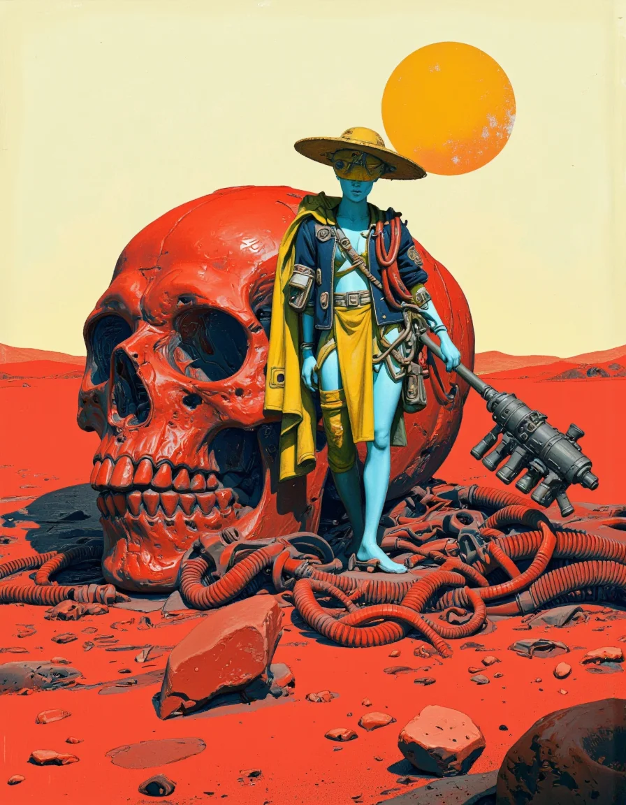 By Passcal Blanché. A digital artwork with a vivid and surreal style. The central figure is a humanoid character standing on a rocky and desolate terrain. The character is dressed in a dark, tight-fitting suit with a yellowish tunic and a wide-brimmed yellow hat that casts a shadow on his face. The hat is decorated with intricate metallic details. The character's skin is a pale blue, almost ghostly, and he holds in his right hand a tubular object likely a futuristic weapon with multiple twisted red tubes and attachments. The tubes of the object appear to be connected to the character's suit.
In the background, there is a massive skeletal skull, partially buried in the ground, with intricate organic textures and a reddish hue. The skull's eye sockets are empty and its jaw is slightly open, adding to the eerie atmosphere. The sky is a gradient of pale yellow and orange, with a large circular sun shining in the background, casting a warm light on the scene. The overall color palette is dominated by reds, yellows, and oranges, creating a stark contrast with the central figure's blue skin. The texture of the work is smooth yet detailed, emphasizing the surreal and otherworldly nature of the work. <lora:Pascal_Blanché:0.9>