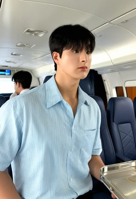 <lora:AsianGuy:1>, AsianGuy, (nodaeng:1.5), masterpiece, ultra-HD, cinematic lighting, photorealistic, (impressionism:1.5), high detail, depth of field, (blurred background), (dramatic lighting),masterpiece, best quality, very aesthetic,8k,masterpiece, best quality, realistic, masterpiece, best quality, 8k,
, simple_background, short hair, asian boy, handsome man, korean man, extacy on face,, score_9, score_8_up,score_7_up, score_6_up, ultra realistic, ultra realistic, 64K, japanese handsome,asian man, In the luxurious first-class cabin of an airplane, a 40-year-old tall, broad-shouldered, muscular man with a large chest, thick arms, and a strong physique is seated comfortably in one of the plush seats, wearing a silky short-sleeve shirt. Standing beside him is a 24-year-old muscular, handsome male flight attendant, holding a tray with a cocktail on it, offering the drink to the passenger. ((Both the passenger and the flight attendant are looking at each other)), exchanging a subtle yet engaging glance. The first-class cabin features elegant decor, plush seating, soft lighting, and refined details, creating an upscale and sophisticated atmosphere.
