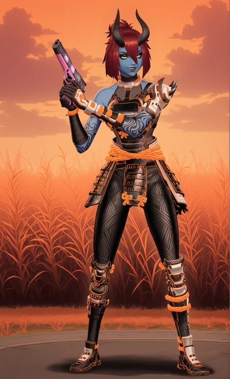 GLSHS,delicate colors,partially illuminated, (masterpiece, absurdres, very awa:1.4), golden hour, orange theme, sunset, field, grass, (full body:1.1), holding a handgun, fortnitetacticalvoidburnrose, 1girl, short hair, bob cut, bangs, blunt bangs, ponytail, single hair bun, long hair, red hair, brown hair, hair over one eye, hair between eyes, yellow eyes, colored skin, blue skin, smirk, closed mouth, moles, mole, mole under mouth, bare shoulders, off shoulder, choker, black choker, horns, single horn, oni horns, armor, japanese armor, shoulder armor, pauldrons, gauntlets, gloves, black gloves, fingerless gloves, kusazuri, kote, bodysuit, black bodysuit, tattoo, arm tattoo, back tattoo, full-body tattoo, rope, spikes, breasts, shin guards <lora:GLSHS-IL:0.8>, <lora:Fortnite_The_Night_Rose_All_Outfits_ILXL:1>