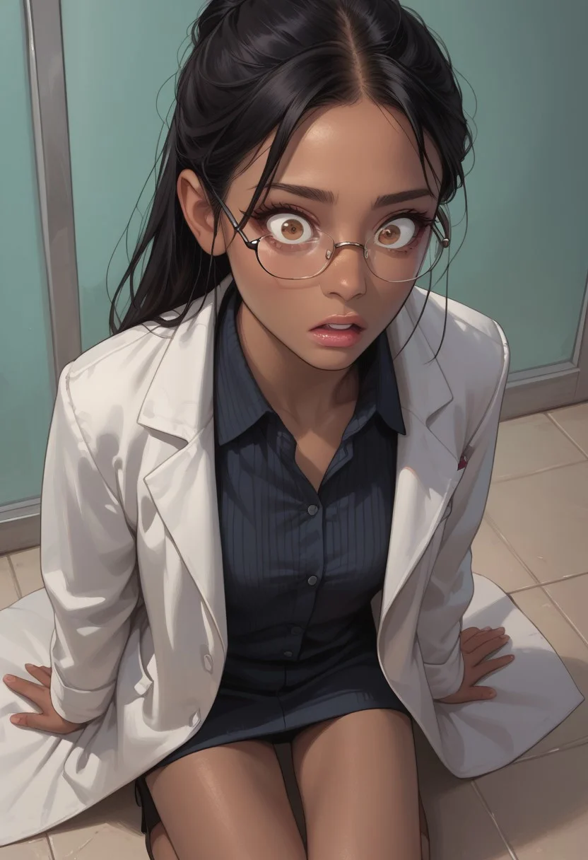 (((From above, on her knees, desperate))), realistic, score_9_up, score_8_up, score_7_up, (((black hair, slender, white lab coat, button down shirt))), (asian, thai, olive skin tone, dark olive skin), Expressiveh, brown eye, perfecteyes, innocent look,intense stair, perfect face, perfect eyes, detailed eyes, detailed iris, absolute beauty, ((female doctor, shocked, glasses, big brown eyes)),
BREAK
animated, bright colors, hentai