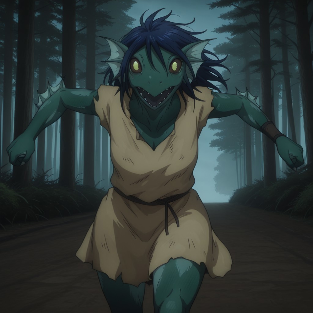 masterpiece, best quality, amazing quality, masterpiece, best quality, amazing quality, FishmanslfIL, anthro, green skin, blue hair, head fins, black sclera, yellow eyes, torn clothes,  tan tunic, running, front view, forest