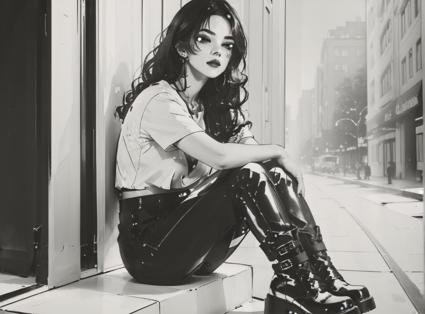 score_9, score_8_up, score_7_up, Environmental scene, character off to side, sitting in repose enjoying the view, woman, pale skin, huge breasts, <lora:sm0k3XLP:1>, <lora:goth_clothes:1>, black crop top, black platform boots, crimson red hair, black highlights, <lora:john:1>, <lora:Potat_dark_ink_v1_monochrome-RS24:1> monochrome,