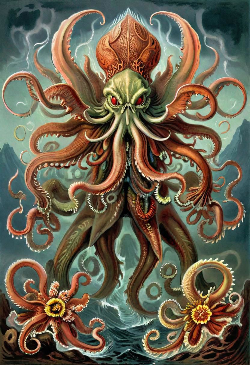 Cosmic terror, unspeakable horror, ancient gods, cthulhu, art by ernst haeckel, giant terrifying creatures