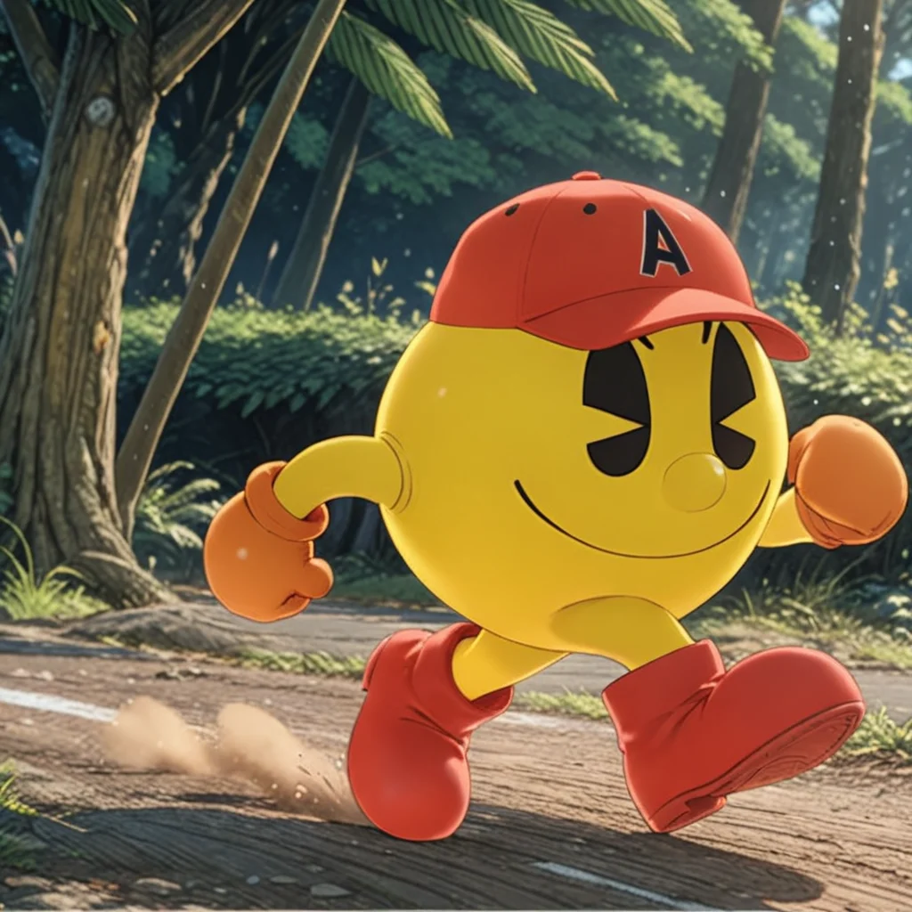 pacmanxl, red shoes, running  <lora:PacmanXL:.69>, wearing hat baseball, (anime, masterpiece, intricate:1.3), (best quality, hires textures, high detail:1.2), (4k),(incredibly detailed:1.4),UHD, 8K, ultra detailed