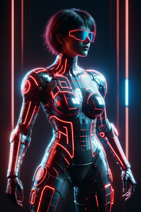 sci fi character with cybernetic mecha implants in the style of a code vein character made of mad-dscbll, neon_red glowing outline, cyberspace grid in background, sparkle, dynamic dramatic lighting, bokeh, dynamic camera angle, dynamic pose<lora:Disco_Style_SDXL:0.9>  <lora:Neon_Cyberpunk_SDXL_Cyberspace:0.6> mad-cyberspace, cyberpunk, scifi, 1980s, retro <lora:aesthetic:1> aesthetic, masterpiece, best quality, ultra high res, (photorealistic, realistic:1.2), deep shadow, raw photo, film grain, Fujifilm XT3, 8k uhd, dslr