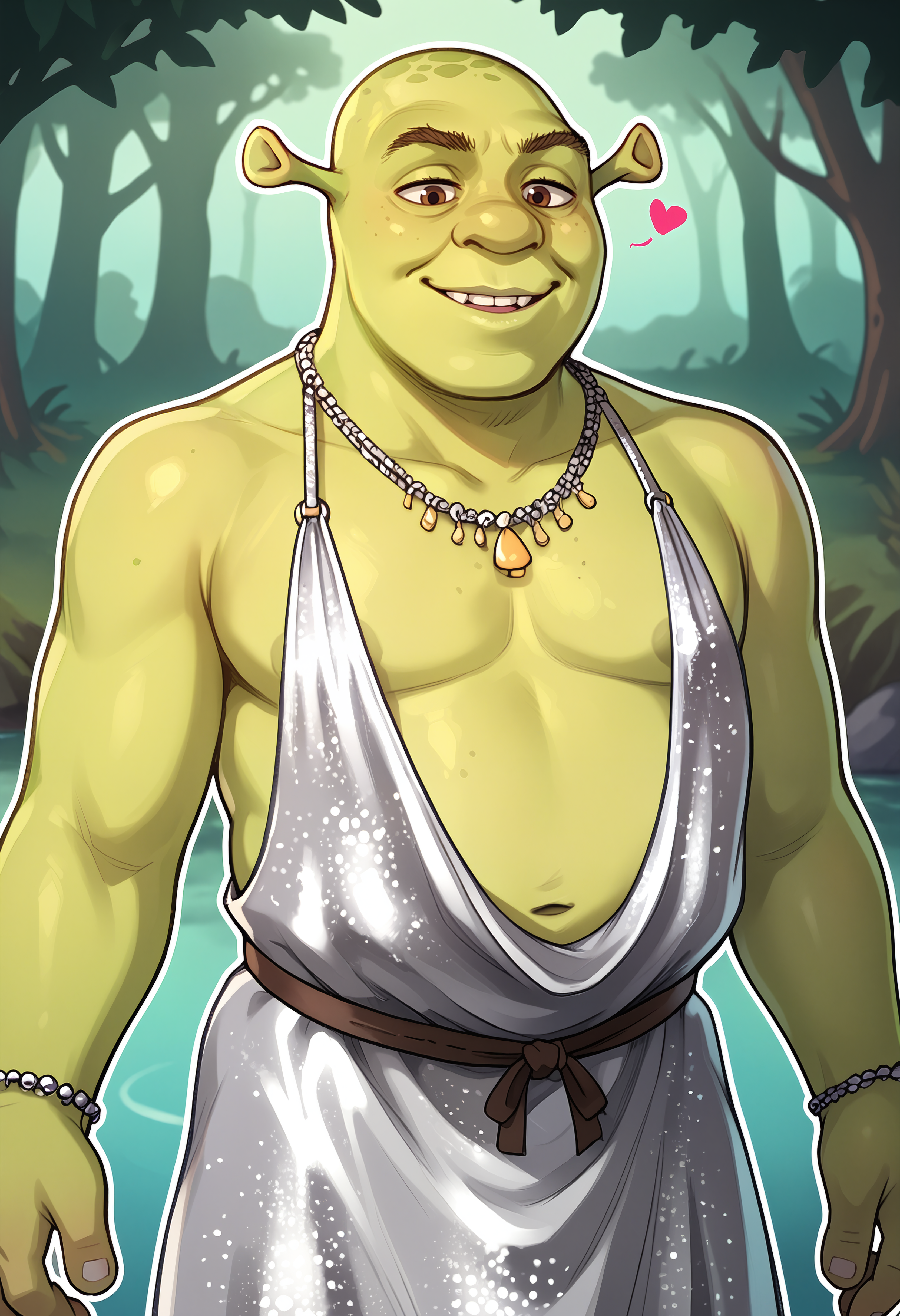 score_9, score_7_up BREAK male focus,mature male,shrek, green skin,swamp,smile,mlsllw,  halter dress, silver dress, plunging neckline, bare shoulders, outline, heart, plump <lora:stlouis-pdxl-lxw:0.8> <lora:Shrek_XLPD:0.8>