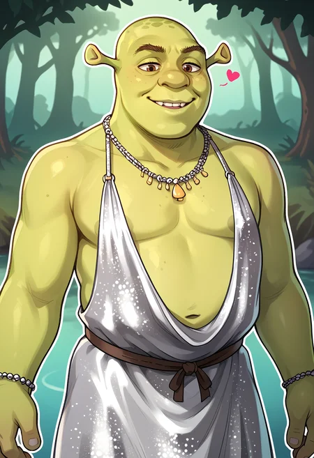 score_9, score_7_up BREAK male focus,mature male,shrek, green skin,swamp,smile,mlsllw, halter dress, silver dress, plunging neckline, bare shoulders, outline, heart, plump <lora:stlouis-pdxl-lxw:0.8> <lora:Shrek_XLPD:0.8>