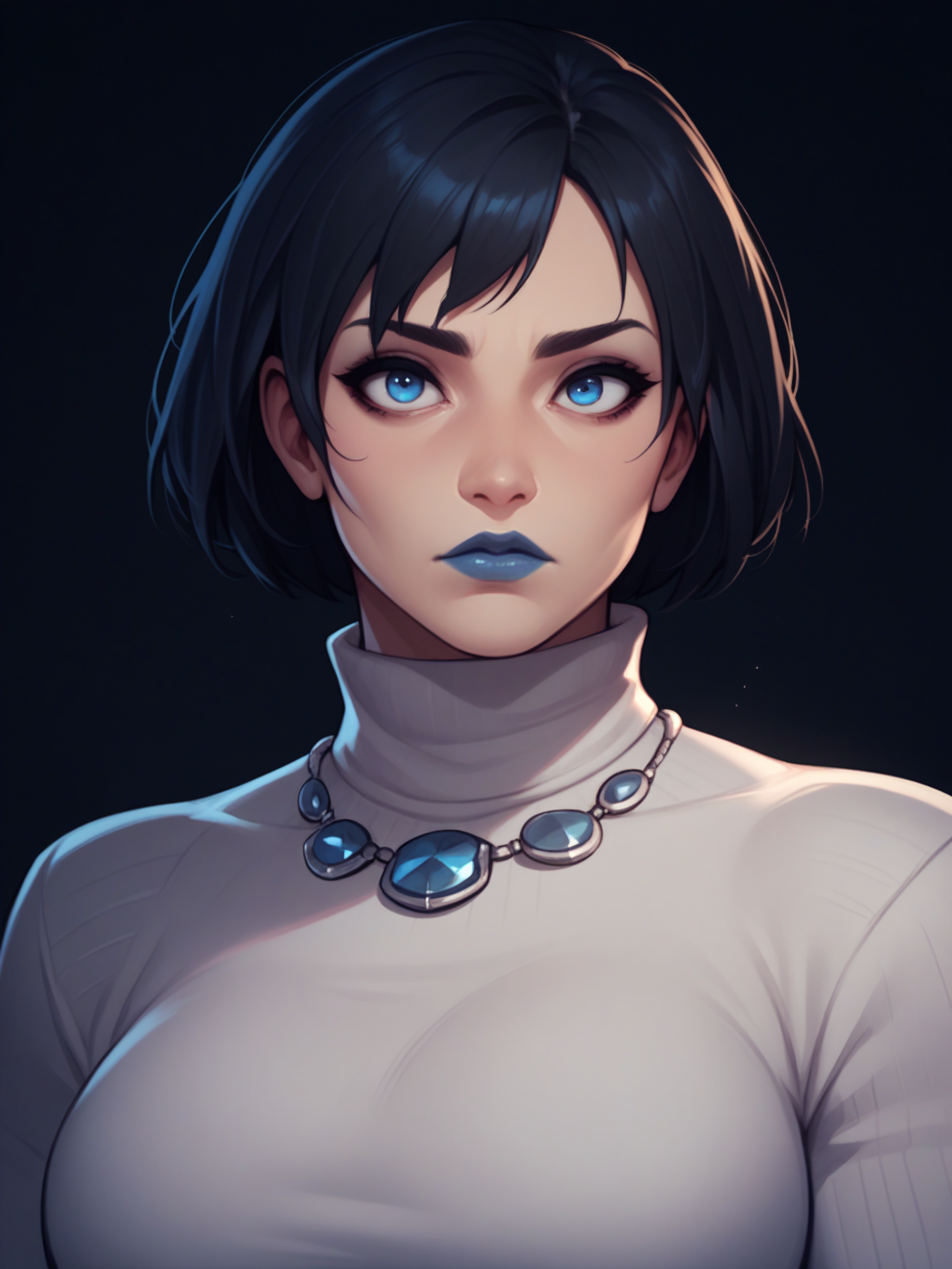 score_9, score_8_up, score_7_up, score_6_up, 1girl, black hair, short hair, dark blue eyes, blue lips, stellian necklace, black background, <lora:stellian_necklace_pony_v1.0:0.9>, large breasts, turtleneck