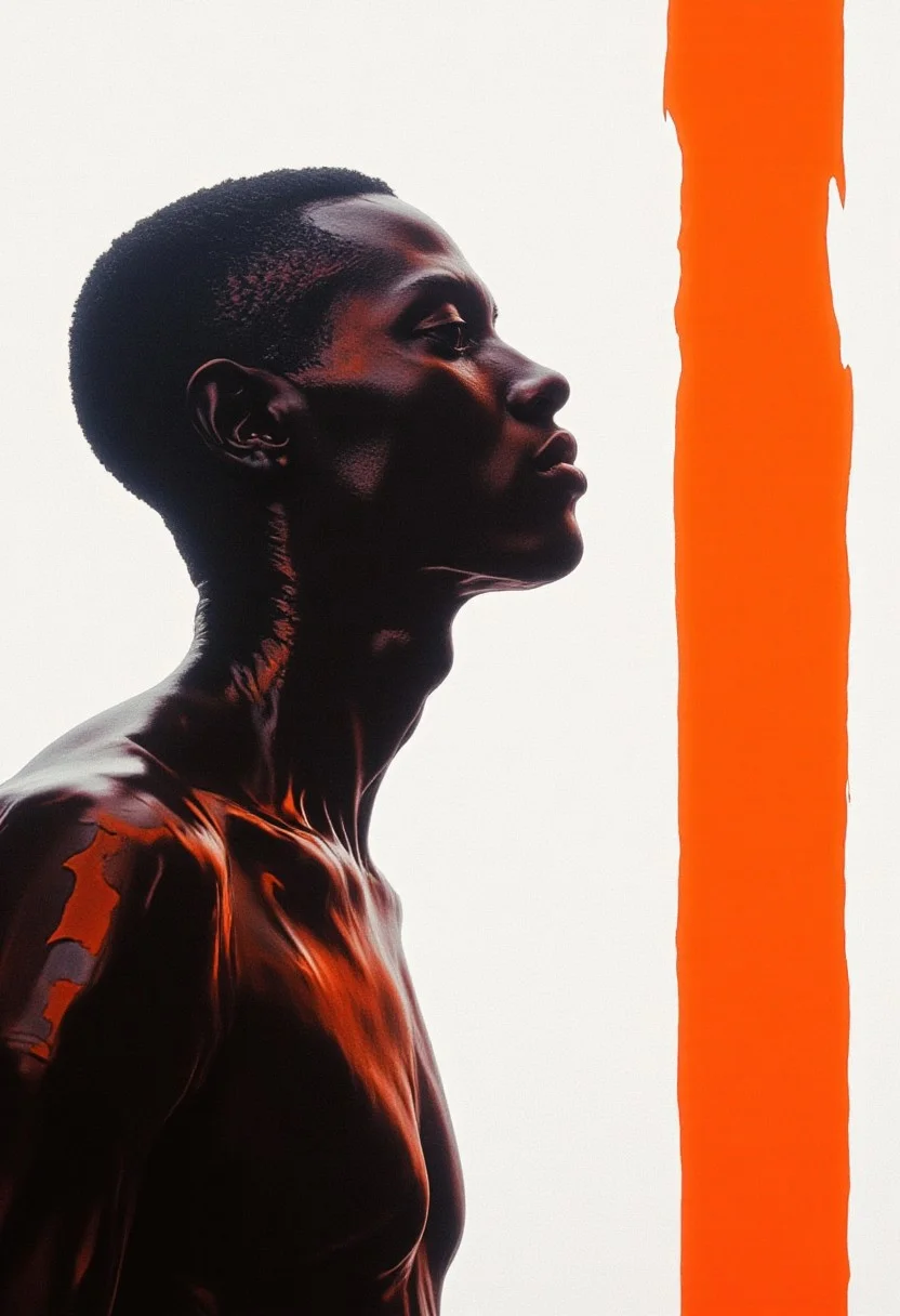 A modern and abstract digital painting featuring a minimalist composition with a monochromatic palette accented by vibrant orange. The central figure is a dark-skinned man with a serene, contemplative expression, his head slightly tilted and eyes closed, framed by short, closely cropped hair. His body, shown from the neck up, transitions from deep black at the top to lighter shades towards the bottom, rendered with a smooth, polished texture that gives a sleek, metallic finish. The stark white background sharply contrasts the dark tones of the figure, while an orange vertical rectangle on the right side introduces a bold and dynamic element. The rectangle’s edges are jagged, adding a sense of energy and movement to the otherwise tranquil composition. The interplay of geometric forms and high-contrast colors draws attention to the figure’s face, creating a striking visual balance. The artwork conveys calm introspection with a modern aesthetic, blending simplicity and boldness to evoke a powerful emotional response. aesthetic_pos3