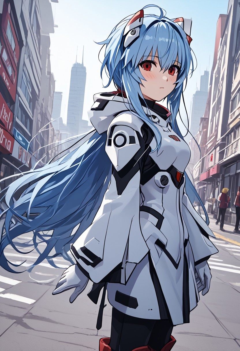 score_4,score_5,score_6,score_7_up,score_8_up,score_9 ((masterpiece,best quality,ultra detailed,highres,HD,4k:1.2)), 
Azure Striker Gunvolt(Main),shining highlights,
1girl, solo,solo focus,girl focus,face focus,
ayanami_rei,rei ayanami, blue hair, ((long hair, Messy Hair:1.2)),red eyes, head gear,
hood, Hood down,white armor, white gloves, red boots, black pants,
outdoor, standing,city,science fiction, blush,