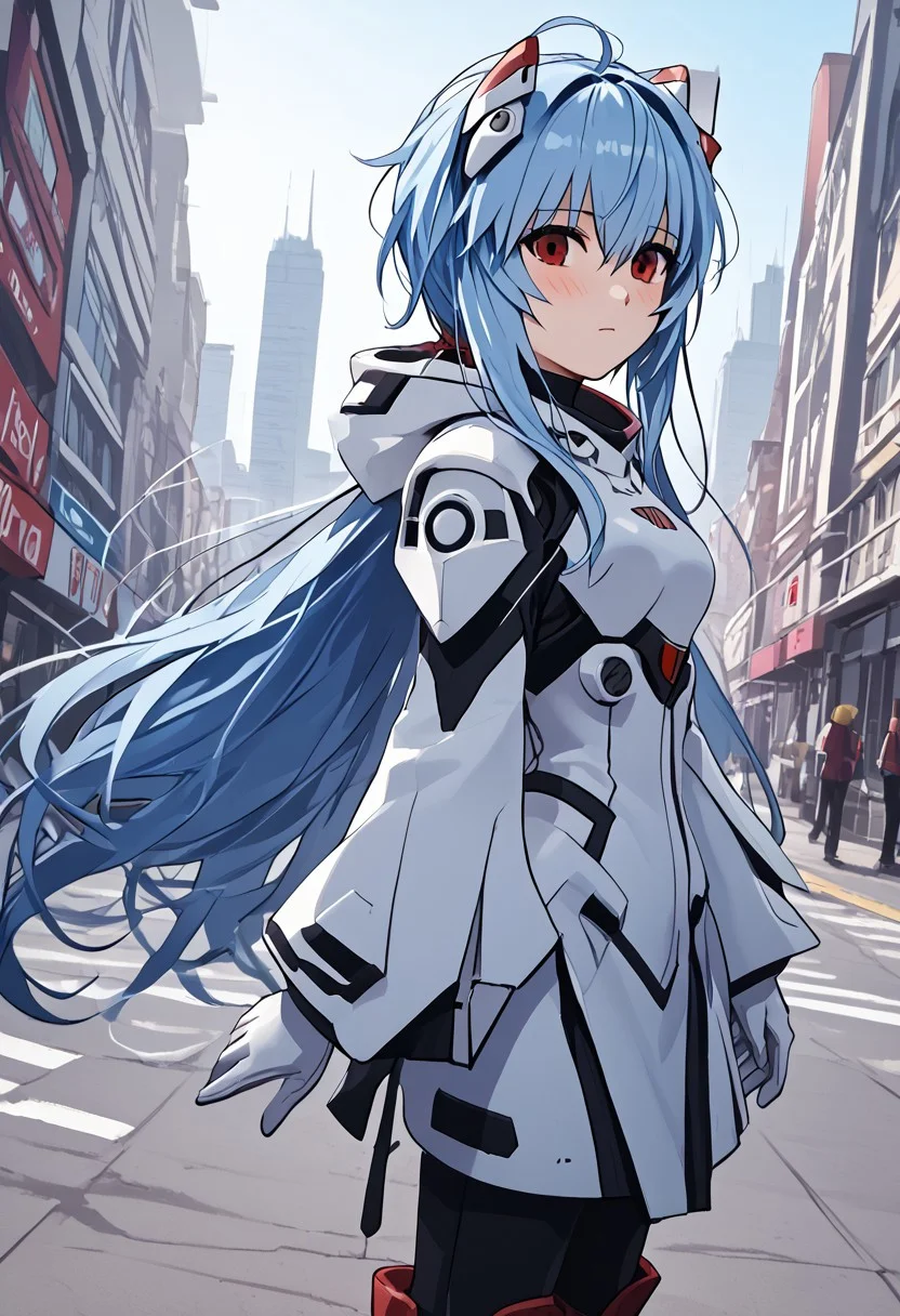 score_4,score_5,score_6,score_7_up,score_8_up,score_9 ((masterpiece,best quality,ultra detailed,highres,HD,4k:1.2)), 
Azure Striker Gunvolt(Main),shining highlights,
1girl, solo,solo focus,girl focus,face focus,
ayanami_rei,rei ayanami, blue hair, ((long hair, Messy Hair:1.2)),red eyes, head gear,
hood, Hood down,white armor, white gloves, red boots, black pants,
outdoor, standing,city,science fiction, blush,