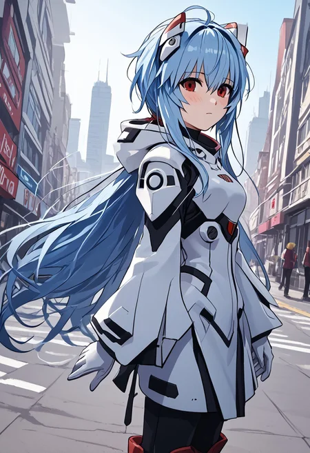 score_4,score_5,score_6,score_7_up,score_8_up,score_9 ((masterpiece,best quality,ultra detailed,highres,HD,4k:1.2)),
Azure Striker Gunvolt(Main),shining highlights,
1girl, solo,solo focus,girl focus,face focus,
ayanami_rei,rei ayanami, blue hair, ((long hair, Messy Hair:1.2)),red eyes, head gear,
hood, Hood down,white armor, white gloves, red boots, black pants,
outdoor, standing,city,science fiction, blush,