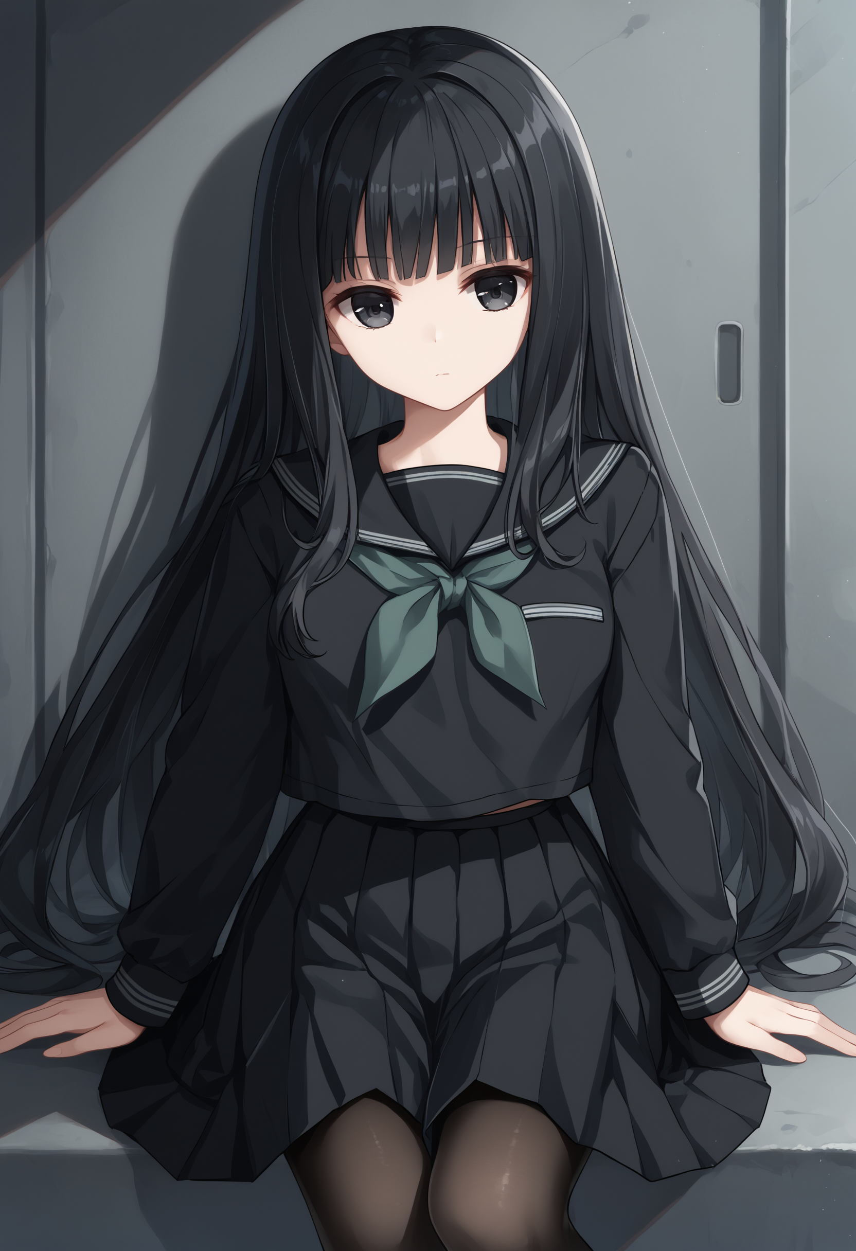score_9, score_7_up, 1girl,  Rinne, black hair, long hair, black eyes, black serafuku, green neckerchief, long sleeves, black skirt, black pantyhose,  looking at viewer, expressionless,    <lora:Rinne new 2:1>