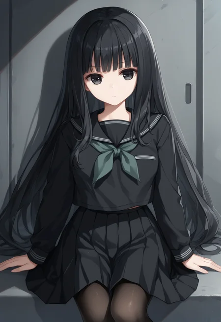 score_9, score_7_up, 1girl, Rinne, black hair, long hair, black eyes, black serafuku, green neckerchief, long sleeves, black skirt, black pantyhose, looking at viewer, expressionless, <lora:Rinne new 2:1>