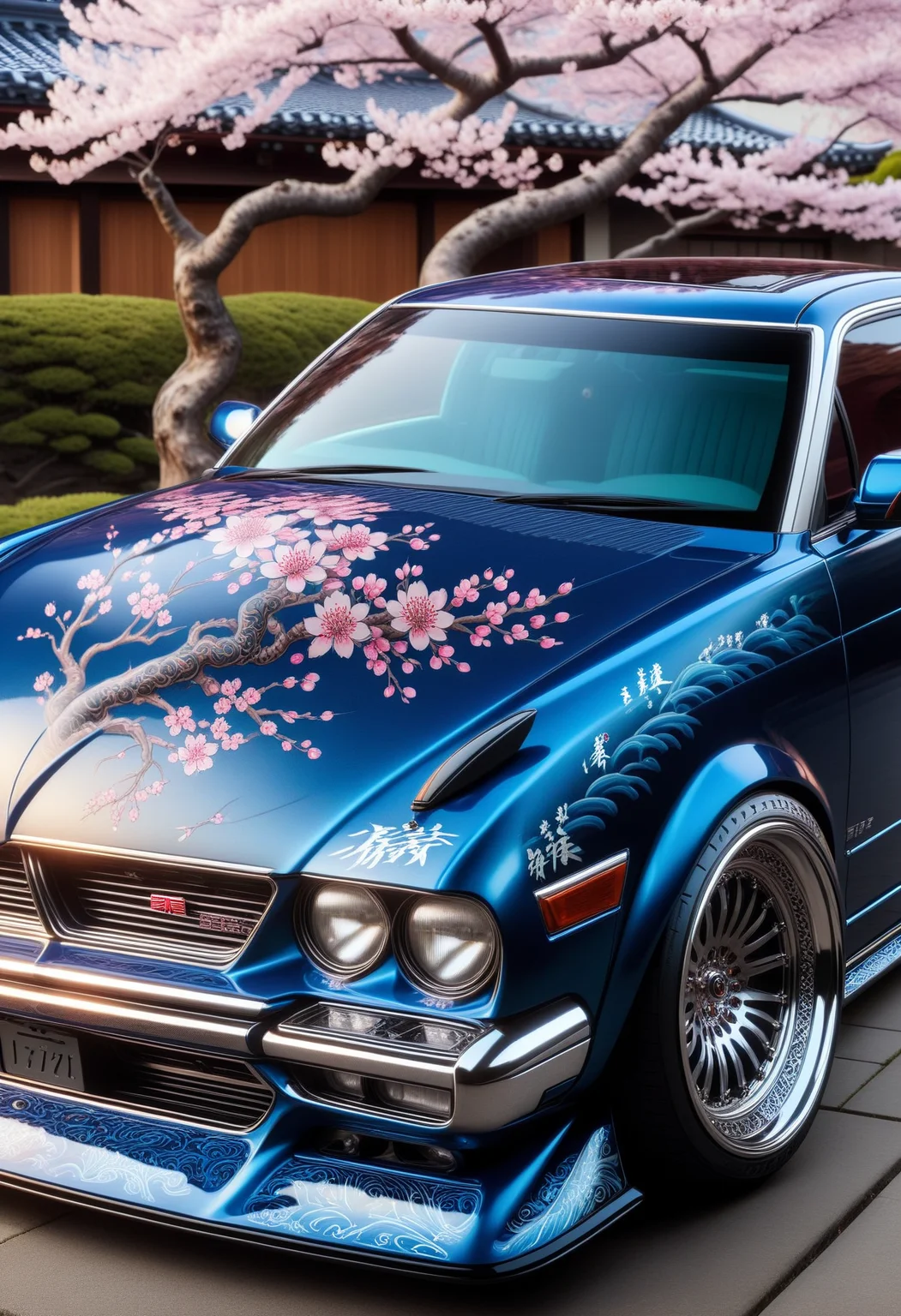 masterpiece, best quality, <lora:EPIrezumiWorldSDXL_epoch_5:1.2>, EPIrezumiWorld, cherry blossoms, tattoo, irezumi, A blue luxury sedan parked in a driveway.