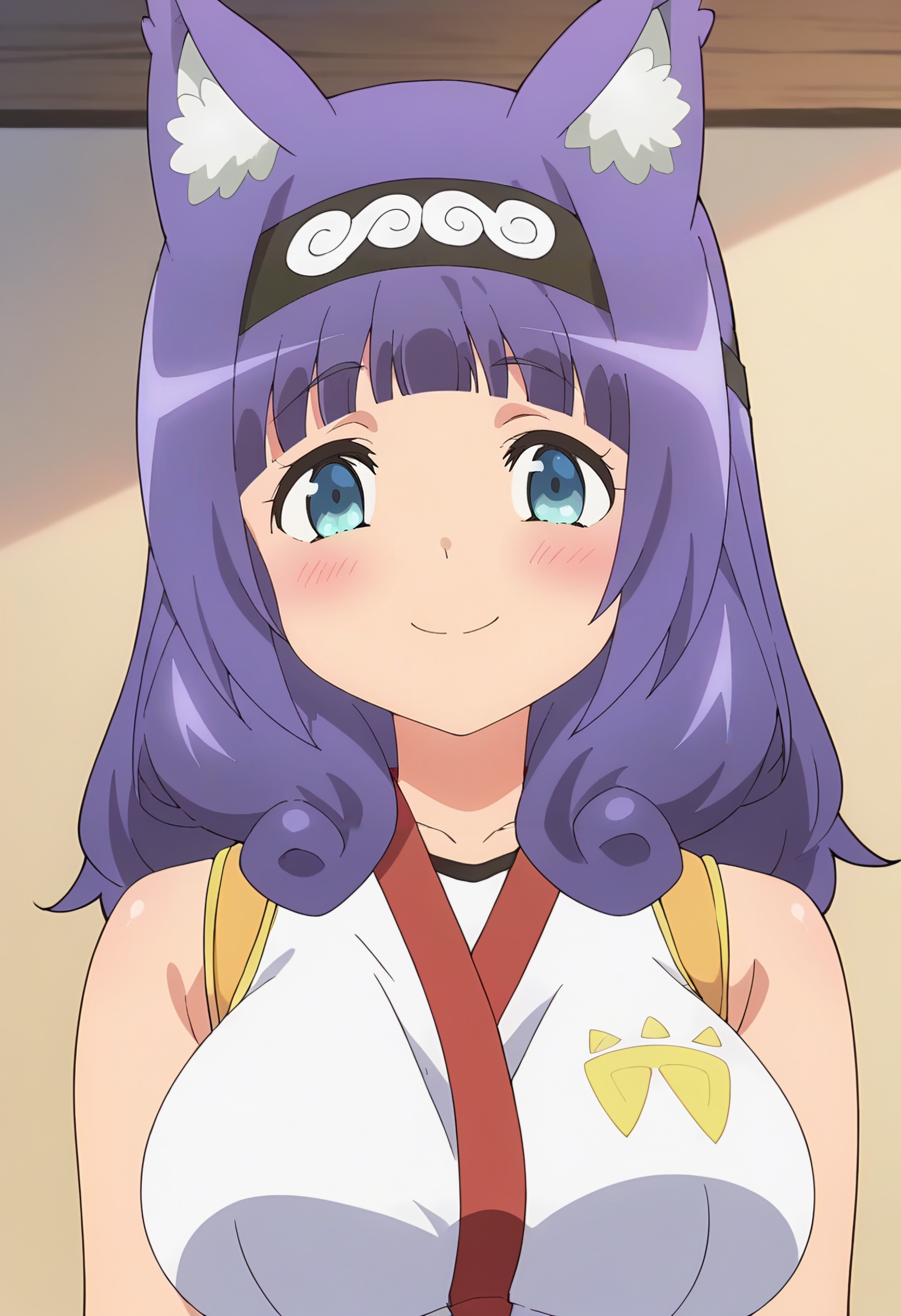 upper body, looking at viewer <lora:Hitamu Kyan:0.9> hitamu kyan, purple hair, 1girl, solo, blunt bangs, animal ears, blush, blue eyes, long hair, animal ear fluff, large breasts,  , headband,  sleeveless shirt, hairband, white shirt, bare shoulders, smile, score_9, score_7_up,anime coloring ,source_anime, anime