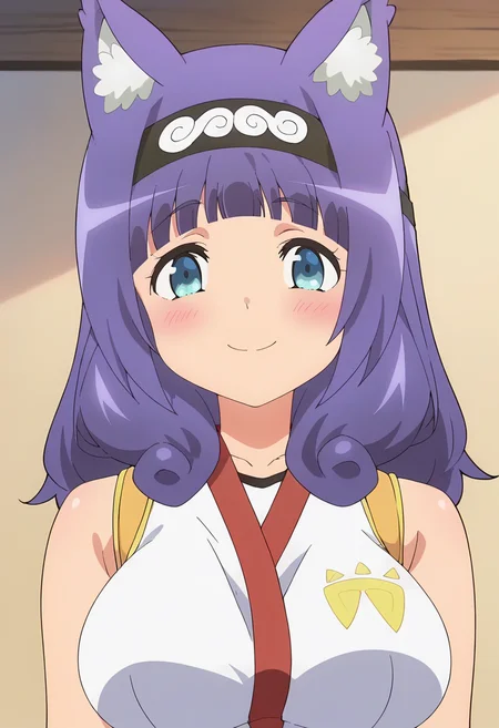 upper body, looking at viewer <lora:Hitamu Kyan:0.9> hitamu kyan, purple hair, 1girl, solo, blunt bangs, animal ears, blush, blue eyes, long hair, animal ear fluff, large breasts, , headband, sleeveless shirt, hairband, white shirt, bare shoulders, smile, score_9, score_7_up,anime coloring ,source_anime, anime