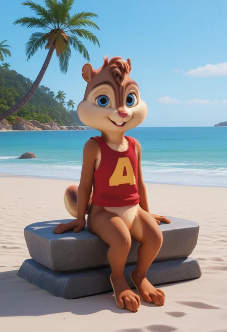 Score_9, score_8_up, score_7_up, source_furry, Alvin Seville, chipmunk, chipmunk male, furry male, furry, 3d, render, movie screencap, blue eyes, red tank top, barefoot, tail, beach, palm trees, ocean, smiling, sitting on stone bench, hands on lap, looking at viewer, <lora:Alvin _Seville __Alvin_and_the_Chipmunks__CG_Movie_version:0.8>