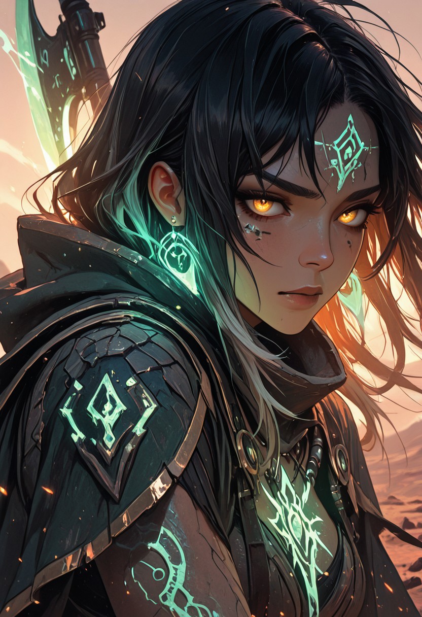 (masterpiece), (best quality), (8k), 1girl, cinematic lighting, dynamic action pose, mid-motion, desert setting, glowing heat haze, sun rays cutting through sand dust, monster scale armor, intricate textures, two-tone hair flowing in wind, intense expression, axe mid-swing, muscular build, determined face, cloak flaring behind, ambient particles in air, golden hour glow, cracked sandstone terrain, tribal hunter aesthetic, mid-leap or mid-charge, motion blur on background, focused eyes, golden energy, golden magic, golden trim, 
Close up, closeup,