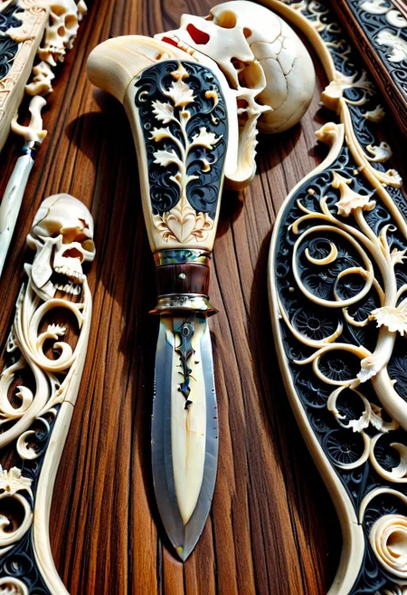score_9, score_8_up, score_7_up, masterpiece, amazing quality, best quality, very aesthetic, absurdres, very awa, hyper-realistic, ultra-HD, perfect composition, cinematic lighting, volumetric lighting, raytracing, ambient occlusion, extreme close up,
BREAK
made out of, ebony, ivory, scrimshaw, bone carving, carving knife, wooden handle, shavings,