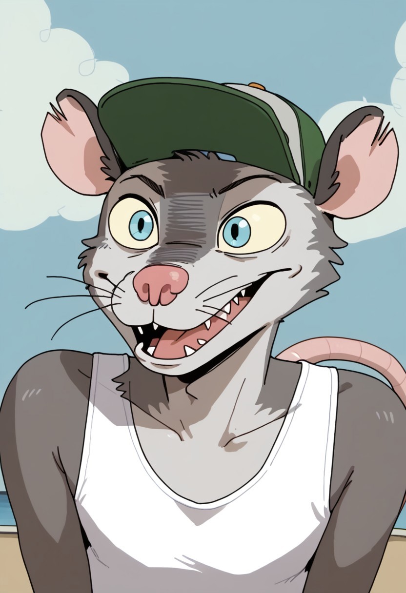 Score_9, score_9_up, solo, 1boy, furry, animal, oppossum, pink nose, blue eyes, grey fur, rat tail, opossum tail, animal ears, tank top, cap, green cap, shorts, socks, flip flops, sandals, wiskers, portrait, head close up, close shot, nigth sky, Expressiveh