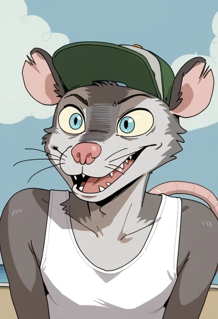 Score_9, score_9_up, solo, 1boy, furry, animal, oppossum, pink nose, blue eyes, grey fur, rat tail, opossum tail, animal ears, tank top, cap, green cap, shorts, socks, flip flops, sandals, wiskers, portrait, head close up, close shot, nigth sky, Expressiveh