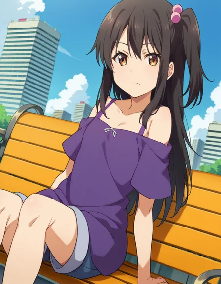 score_9, score_8_up, score_7_up, source_anime,
tenkaadachi, <lora:tenka-adachi-ponyxl-lora-nochekaiser:1>
tenka adachi, black hair, brown eyes, side ponytail, long hair, hair bobbles,
shorts, off shoulder, dress, purple dress,
outdoors, cityscape, sitting, bench,
looking at viewer, dutch angle, cowboy shot,
