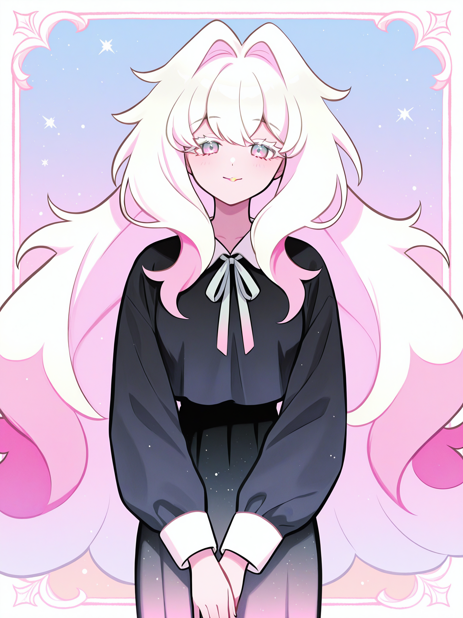 <lora:CRGhostXL:1> CR_WGC, 1girl, two-tone hair, gradient eyes, very long hair, black shirt, collared shirt, very long gradient skirt, neck ribbon, white eyelashes, simple background, <lora:cfg_scale_boost:0.5> looking at viewer, hair intakes, smile, gradient background, floating <lora:retrocute:1>, inset border,  <lora:spo_sdxl_10ep_4k-data_lora_webui:0.4>, solo,