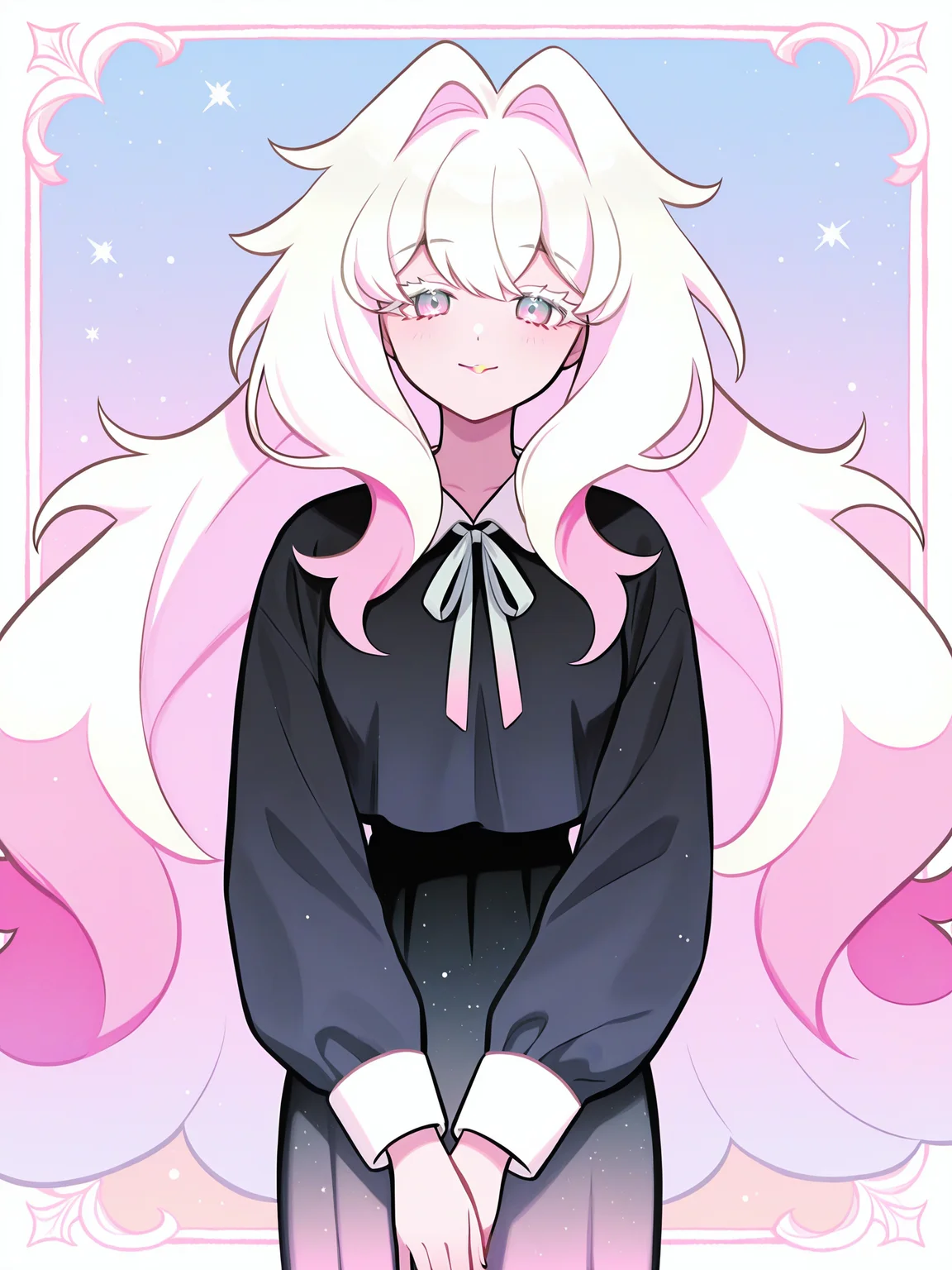 <lora:CRGhostXL:1> CR_WGC, 1girl, two-tone hair, gradient eyes, very long hair, black shirt, collared shirt, very long gradient skirt, neck ribbon, white eyelashes, simple background, <lora:cfg_scale_boost:0.5> looking at viewer, hair intakes, smile, gradient background, floating <lora:retrocute:1>, inset border,  <lora:spo_sdxl_10ep_4k-data_lora_webui:0.4>, solo,