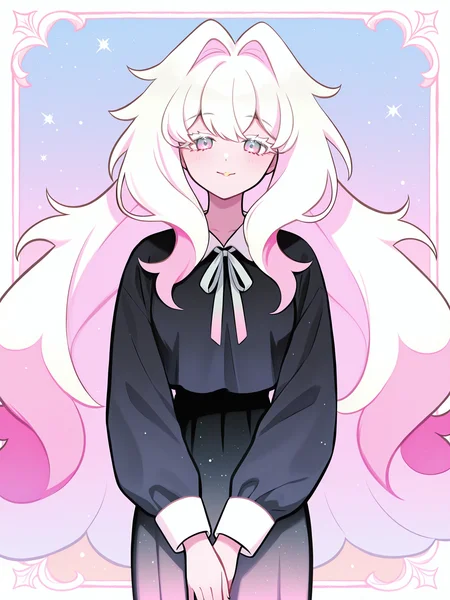 <lora:CRGhostXL:1> CR_WGC, 1girl, two-tone hair, gradient eyes, very long hair, black shirt, collared shirt, very long gradient skirt, neck ribbon, white eyelashes, simple background, <lora:cfg_scale_boost:0.5> looking at viewer, hair intakes, smile, gradient background, floating <lora:retrocute:1>, inset border,  <lora:spo_sdxl_10ep_4k-data_lora_webui:0.4>, solo,