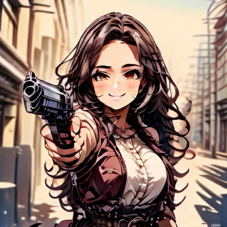 (masterpiece:1.4), high quality, high definition, sharp focus, detailed face, anime, best quality, 4k, 8k, absurd resolution, intricate detail, detailed hands, detailed eyes, animation, illustration, highly detailed, highres, extremely detailed, <lora:ETO_OCC002:0.7> ETO_OCC, black hair, curly hair,longhair, thick eyebrows, <lora:hyperdenoiser_v090:0.6>, (looking at viewer:1.6), (plump), (hazel eyes:1.3), <lora:mesugaki-10:0.5>, smiling,  smug, <lora:ETO_OC:0.2> ETO-OC, <lora:sensualface_type1:0.5>, seductive smile,  <lora:perfetfingers:1>, OverallDetail, Illust-InstaFilter, edgQuality, Earth-QualityPos, BodyPositive, Best_QualityPos, colt, belt, cowgirl, saloon, leather, cartridge, holsters,  <lora:Armed_Cowgirls:0.8>, weapon, (gun:1.5),  <lora:AppleCheek:0.7> applecheek, aiming at viewer,<lora:aimingAtViewer_v1:0.6> aiming at viewer, handgun, holding pistol <lora:aimingpistol-09:1> aimingpistol, <lora:add_detail:1>