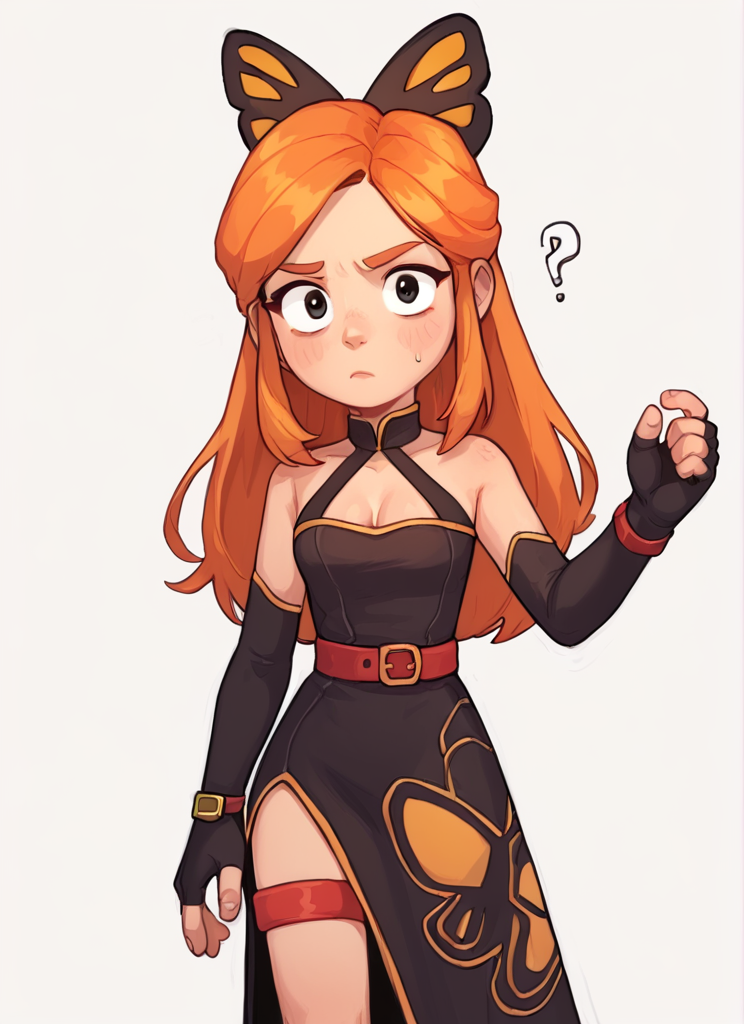 score_9, score_8_up, score_7_up,   1  girl  , bpiper  , orange hair, long hair,  butterfly hair ornament, cleavage , black sleeveless dress,long dress,  pelvic curtain, red thigh strap,  belt ,  black elbow gloves, fingerless gloves  <lora:bpiper-000004:1> <lora:PossumMachine:1>posmach  , confused, ??? ,looking at viewer, simple background,