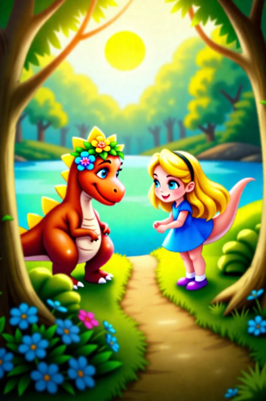 @l1c3, a woman with blonde hair and blue eyes, make your way to the forest, for kids, in this fantasy adventure, make friends with an anthro dinosaur.  The sun is shining, golden light filtering through the leaves of trees, by a beautiful lake. you are walking along a path, surrounded by nature. Suddenly, you hear a rustle in the bushes. you turn around and there is a dinosaur standing before you. he is an anthro, a humanoid dinosaur, wearing a crown made of flowers. he is smiling at you. you feel a sense of peace and happiness. what do you do?